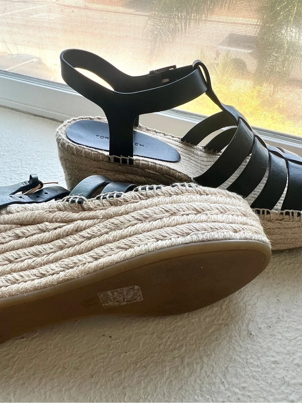 Tory Burch Black Leather Espadrille Wedge Sandals